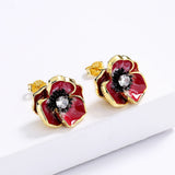 Enamel Epoxy Oil Pink Flower Stud Earrings Necklace Set