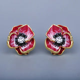 Enamel Epoxy Oil Pink Flower Stud Earrings Necklace Set