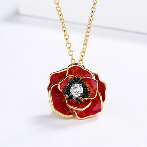 Enamel Epoxy Oil Pink Flower Stud Earrings Necklace Set