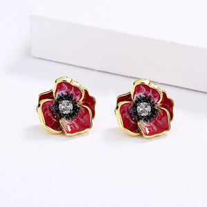 Enamel Epoxy Oil Pink Flower Stud Earrings Necklace Set