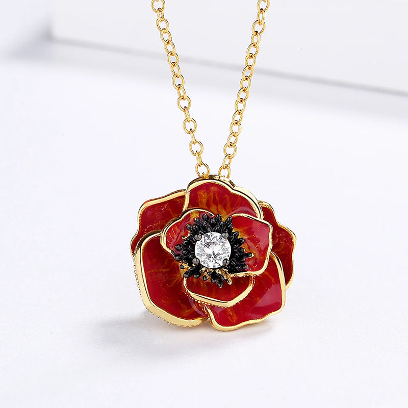 Enamel Epoxy Oil Pink Flower Stud Earrings Necklace Set