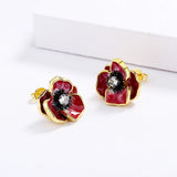 Enamel Epoxy Oil Pink Flower Stud Earrings Necklace Set