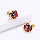 Enamel Epoxy Oil Pink Flower Stud Earrings Necklace Set