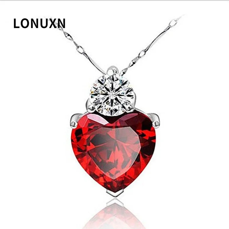 Heart Shape 925 Sterling Silver Pendant with Red Garnet Crystal