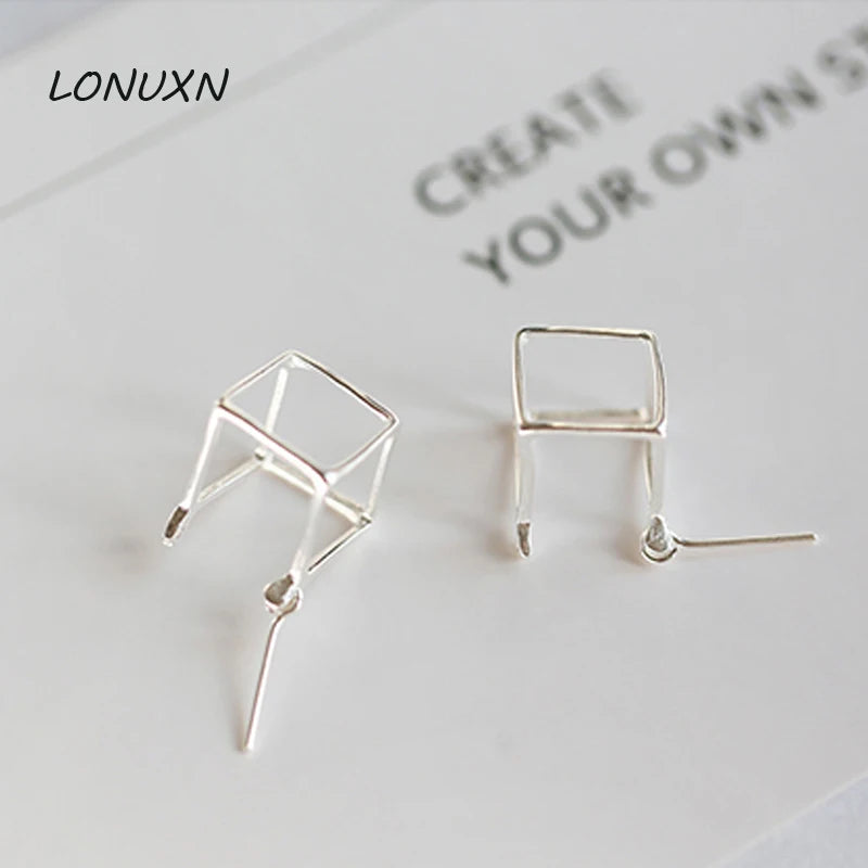 925 Silver Geometric Square Hollow Box Cube Necklace