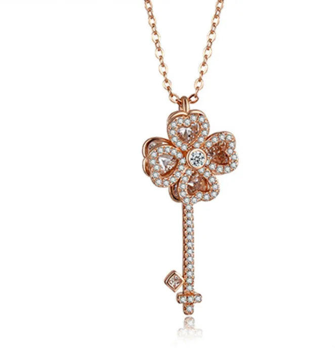Pink Crystals Heart Key Pendant Necklace for Women