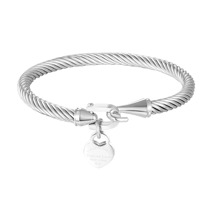 Forever Love Peach Heart Charm Bracelet & Bangle Stainless Steel Women Bangle