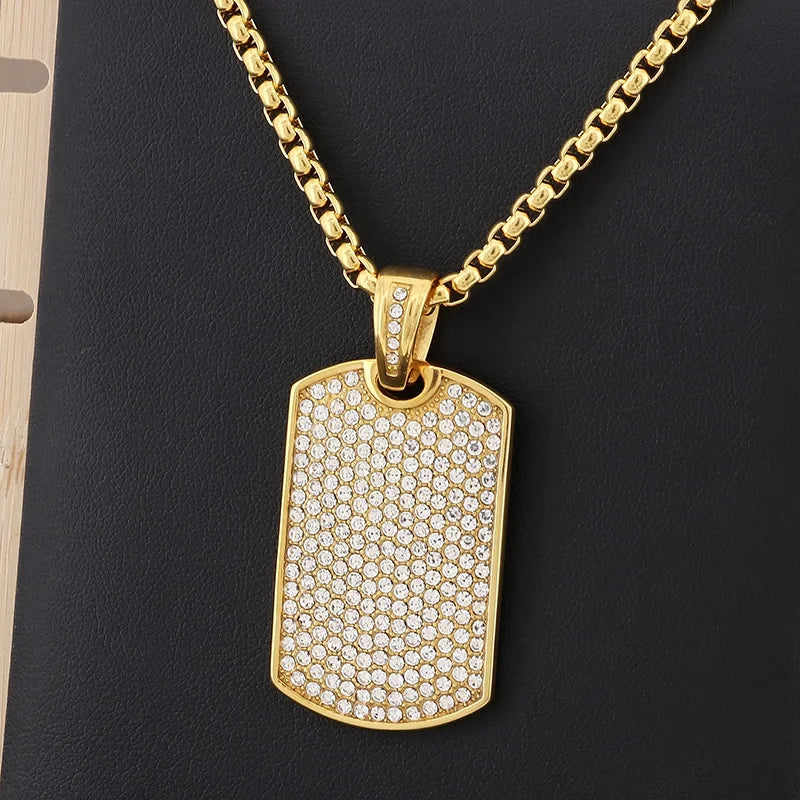 Stone Square Tag Necklace for Men Stainless Steel Hip Hop Necklace