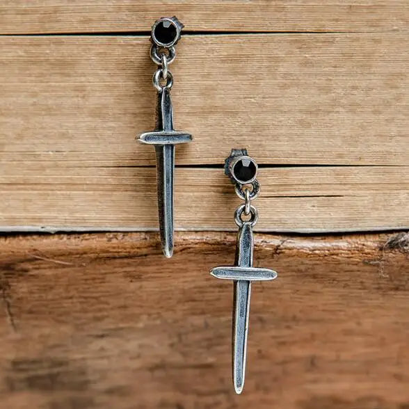 925 Sterling Silver Cross Earrings Antique Unisex Punk Ear Dropship