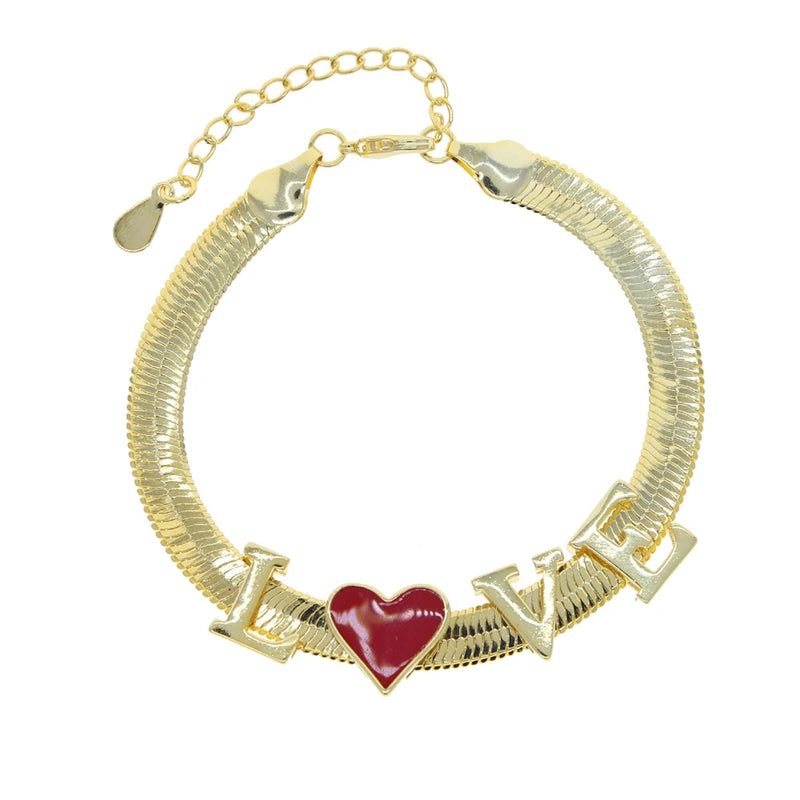 Adjustable Flat Snake Chain Bracelet Red Enamel Heart Letter Jewelry