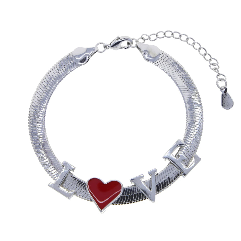 Adjustable Flat Snake Chain Bracelet Red Enamel Heart Letter Jewelry