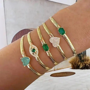 Punk Snake Chain with Green Heart Charm Bracelet