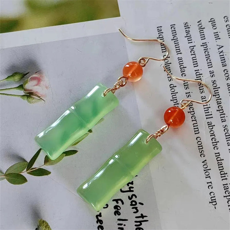 Green Chalcedony Drop Earrings Red Agate Ear Hook Hanfu Temperament Jewelry