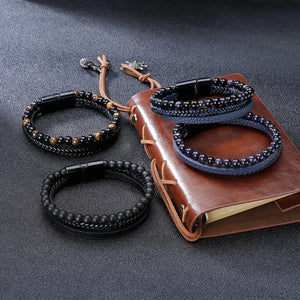 Tiger Eye Beaded Leather Men's Bracelet