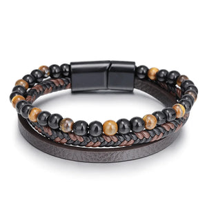 Tiger Eye Beaded Leather Men's Bracelet