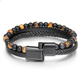 Tiger Eye Beaded Leather Men's Bracelet