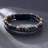 Tiger Eye Beaded Leather Men's Bracelet