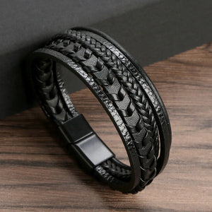 Men's Leather Multi-Layer Beaded Bracelet with Magnet Buckle