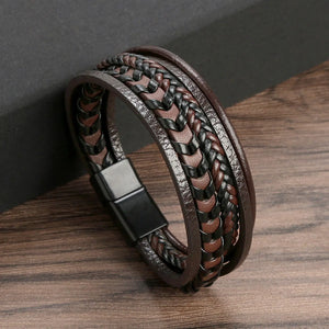 Men's Leather Multi-Layer Beaded Bracelet with Magnet Buckle