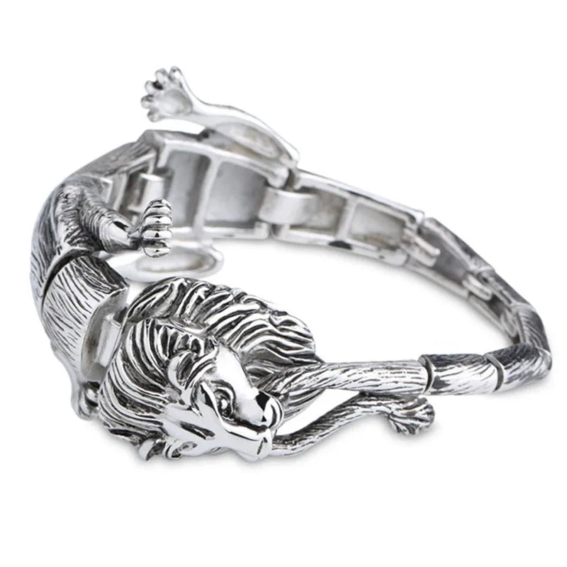Stainless Steel Lion Charm Bracelet - Polished Silver 3D Animal Rock Bracelet