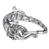 Stainless Steel Lion Charm Bracelet - Polished Silver 3D Animal Rock Bracelet