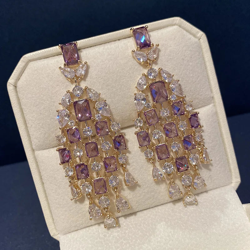 Purple Crystal Tassel Water Drop Earrings Retro Style Women's Jewelry