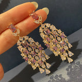 Purple Crystal Tassel Water Drop Earrings Retro Style Women's Jewelry