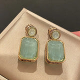Olive Green Crystal Earrings with Purple Cubic Zircon Square Pendant
