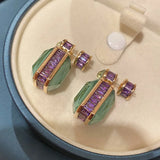 Olive Green Crystal Earrings with Purple Cubic Zircon Square Pendant