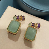 Olive Green Crystal Earrings with Purple Cubic Zircon Square Pendant