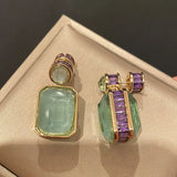 Olive Green Crystal Earrings with Purple Cubic Zircon Square Pendant