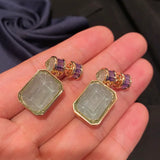 Olive Green Crystal Earrings with Purple Cubic Zircon Square Pendant