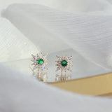 14K Real Zircon Emerald Stud Earrings for Women