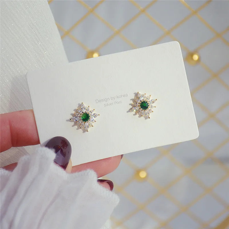 14K Real Zircon Emerald Stud Earrings for Women