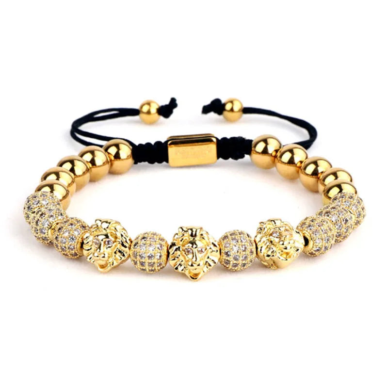CZ Pave Ball Lion Head Beaded Cord Bracelet