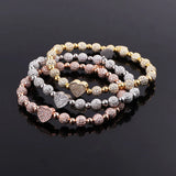 CZ Heart Charm Stainless Steel Beads Elastic Bracelet for Women