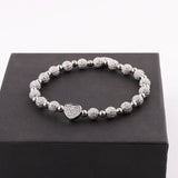 CZ Heart Charm Stainless Steel Beads Elastic Bracelet for Women