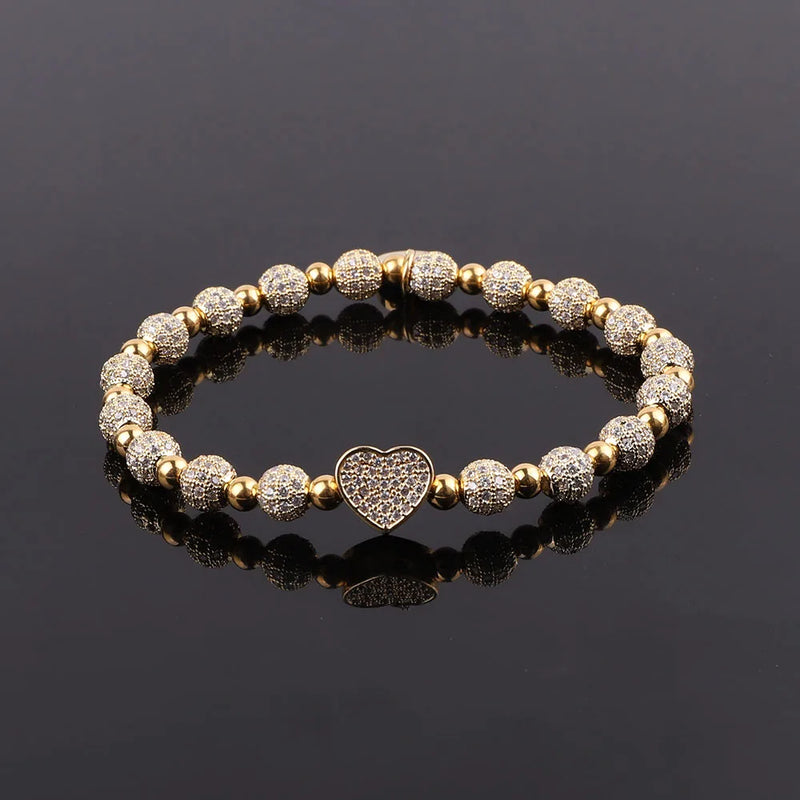 CZ Heart Charm Stainless Steel Beads Elastic Bracelet for Women