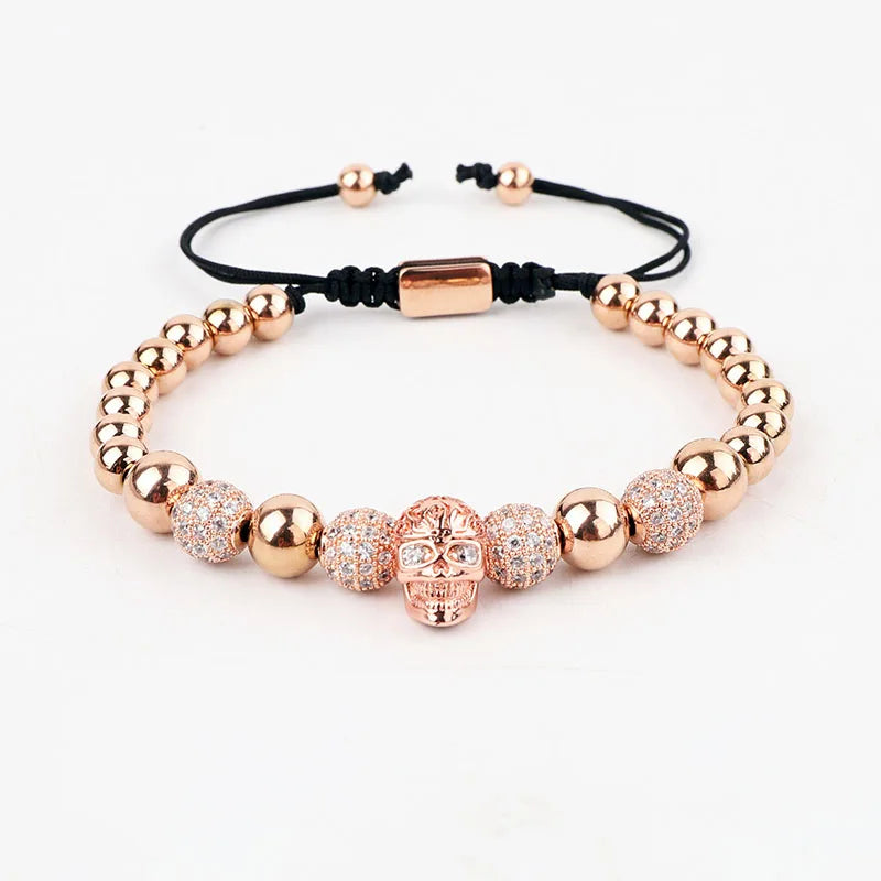 Men's Micro Pave Skull Charm Beaded Macrame Bracelet