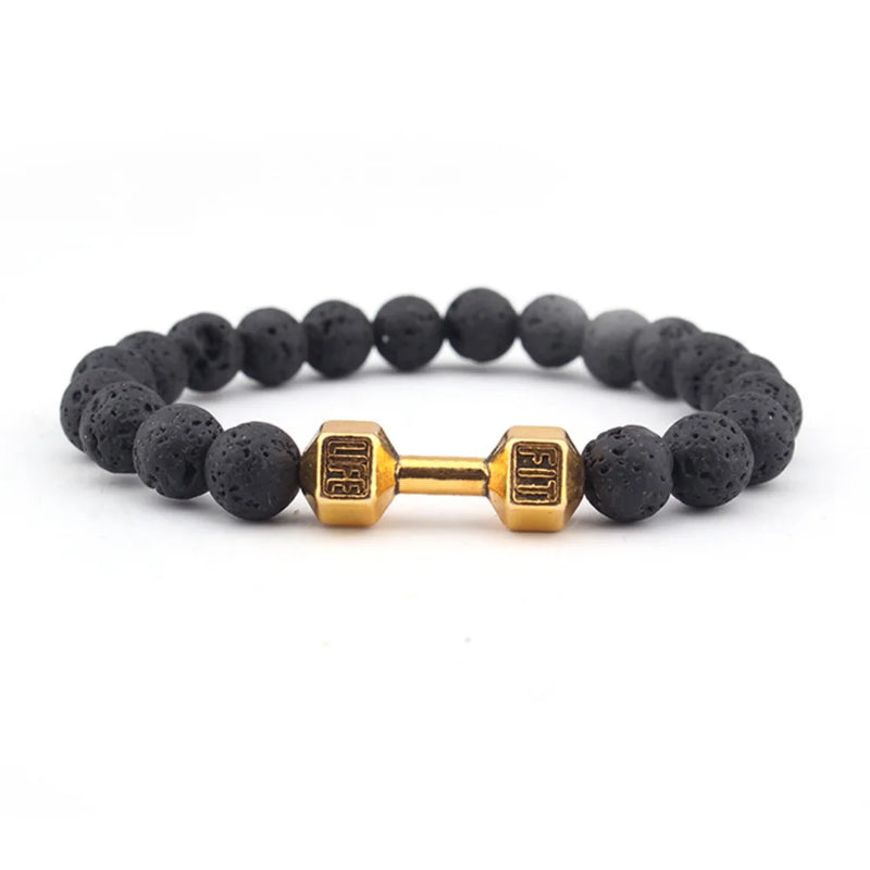 Men's Beaded Bracelet Matte Agate Dumbbell Charm Fitness Barbell Jewelry