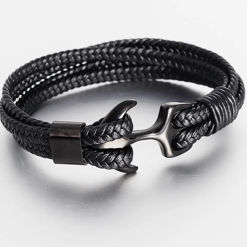 Men's Titanium Steel Woven Anchor Leather Bracelet