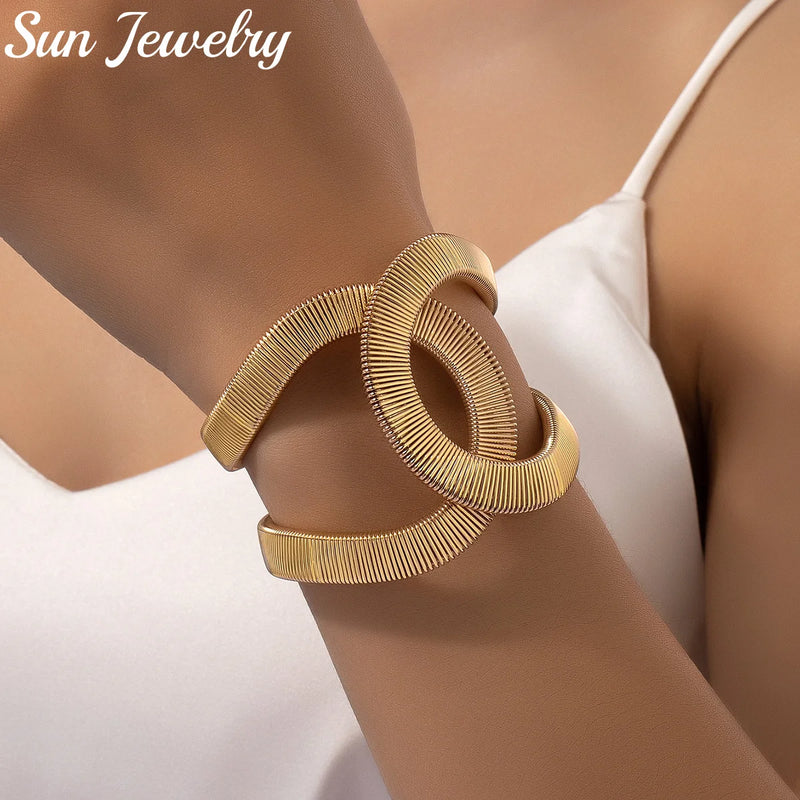 Metal Wide Spring Cuff Bracelet Large Statement Jewelry