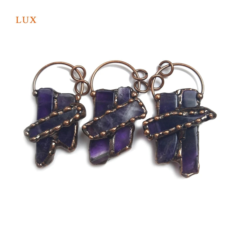 Natural Amethyst Bar Pendant Bronze Frame Birthstone Charm Healing Crystal