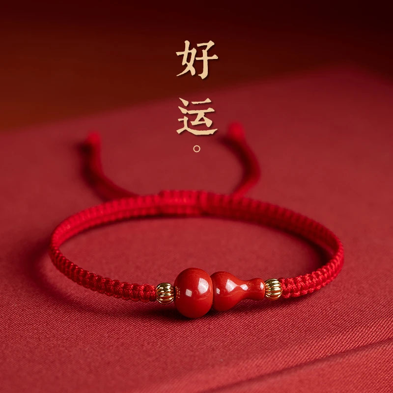 Natural Cinnabar Gourd Carving Weave Bracelet Buddha Charm Bangle