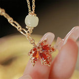 Natural Hetian Jade Women Charm Bracelet Maple Leaf Pendant Chain