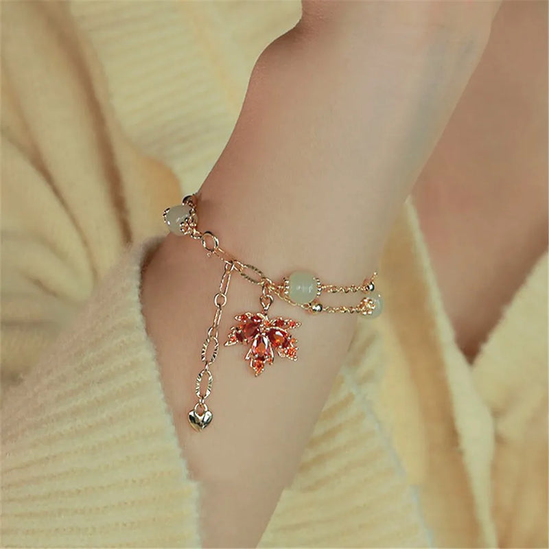 Hetian Jade Maple Leaf Charm Bracelet for Women