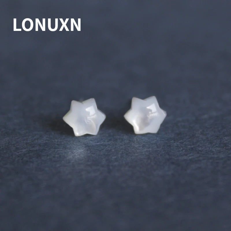 Natural Shell Carving Six Stars Silver Earrings Sweet Gift