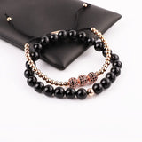 Natural Stone Agate CZ Pave Ball Macrame Beads Bracelet Set