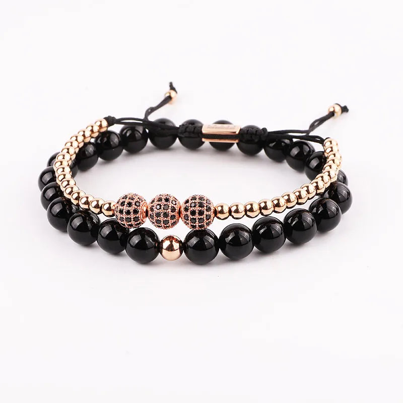 Natural Stone Agate CZ Pave Ball Macrame Beads Bracelet Set