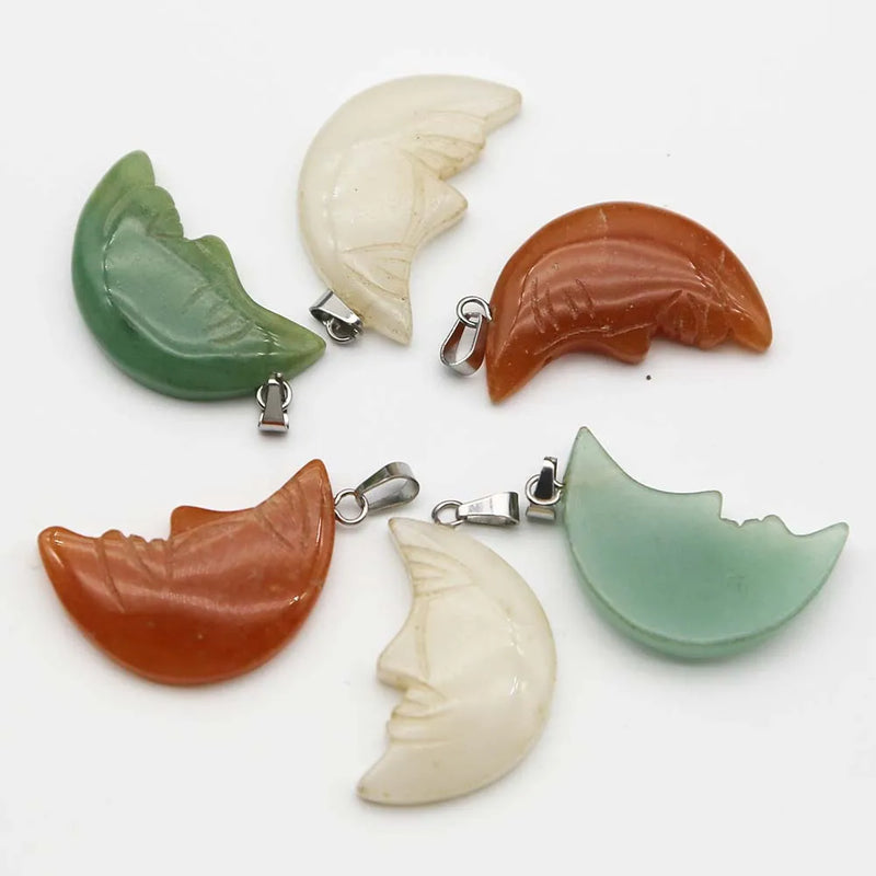 Natural Stone Moon Face Pendants Charms Mineral Healing Necklaces 8Pcs